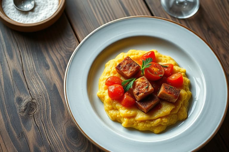 Soltørkede tomat- og fennikelpølsepatties med kremet polenta