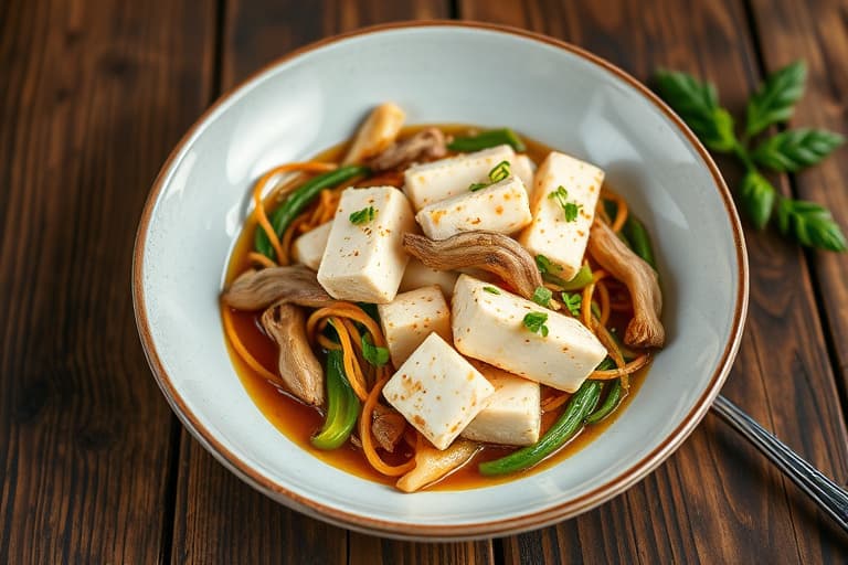 Krydret tofu med sylteagurkede shiitakesopp