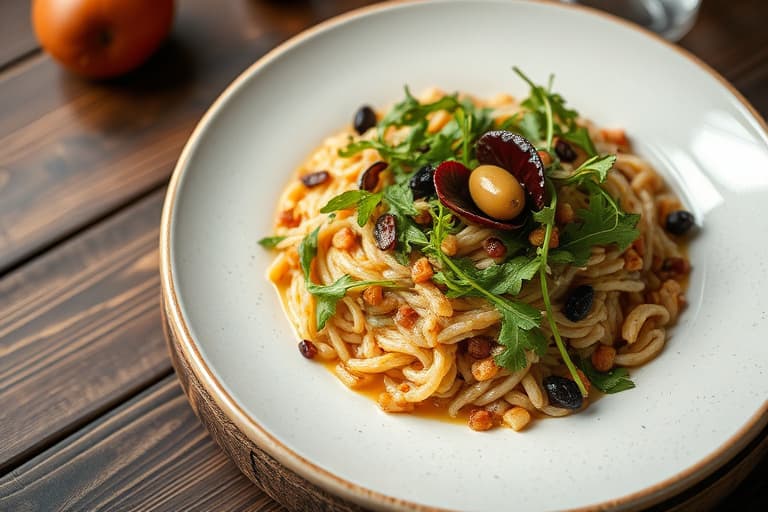 Risalat med ruccola, pinjekjerner og oliven