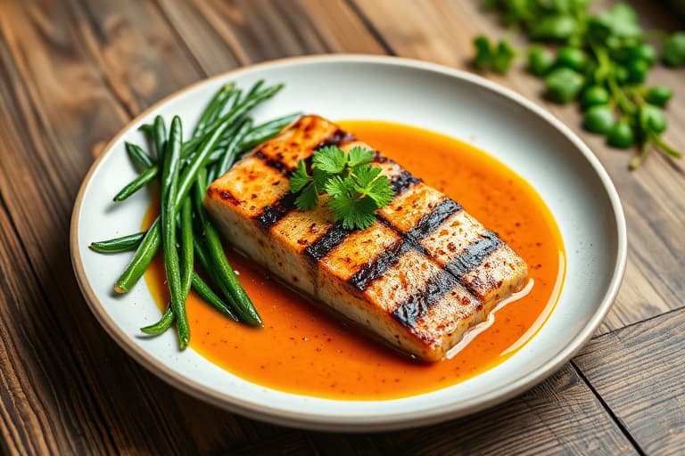 Grillet laks med thailandsk currysaus og basmatiris