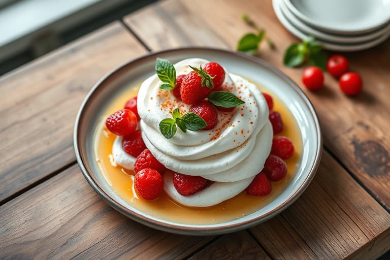 Pink Peppercorn Pavlova med jordbær, vaniljekrem og basilikumsirup