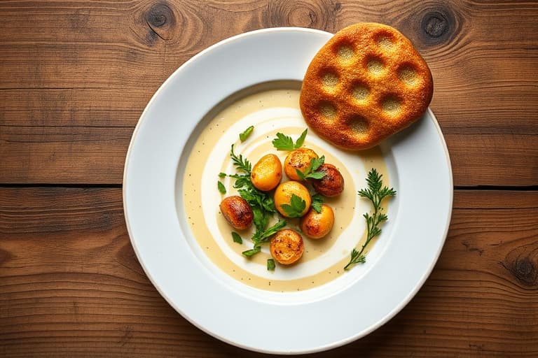 Artisjokk- og grønn hvitløkssuppe med brødskiver med pestobestikk av brennesle og valnøtt