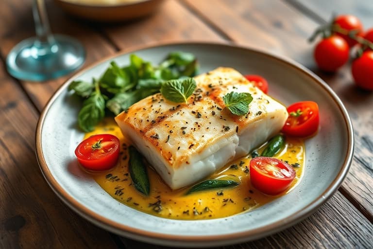 Bakt halibut med orzo, spinat og cherrytomater