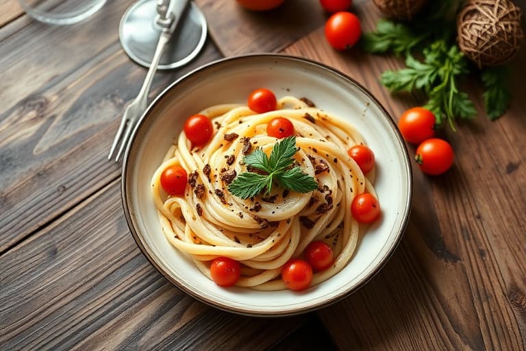 Linguine med små, arvestykke tomater og ansjosbrødsmuler