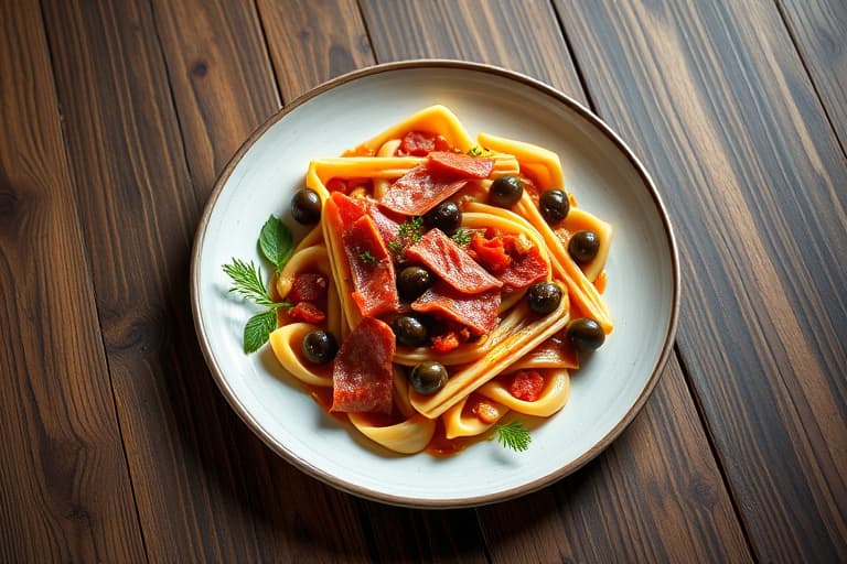 Ziti med ovnsbakte paprika, grønne oliven og krydret salami