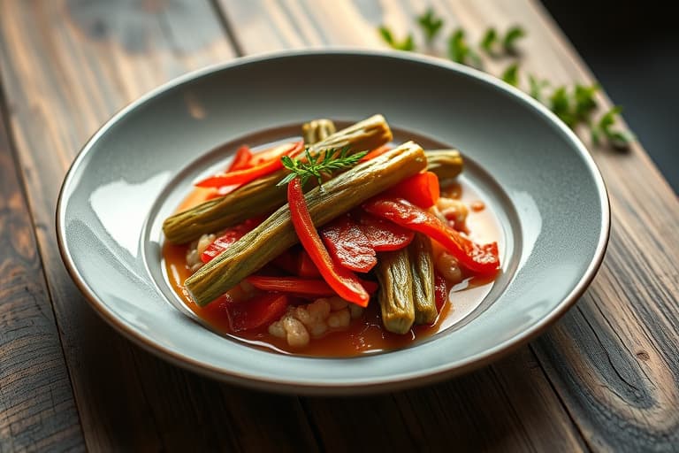 Marinerte grønne bønner og ovnsbakte røde paprika