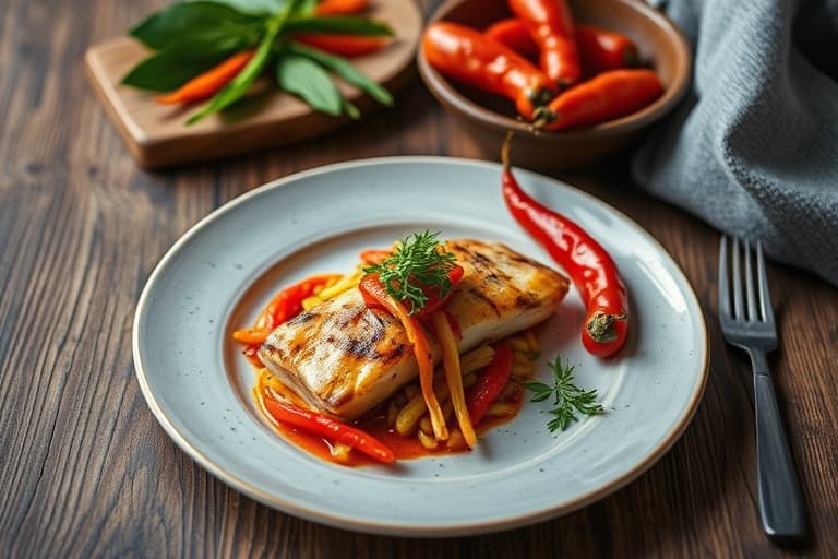 Grillet kveite med grillet rød peppers harissa