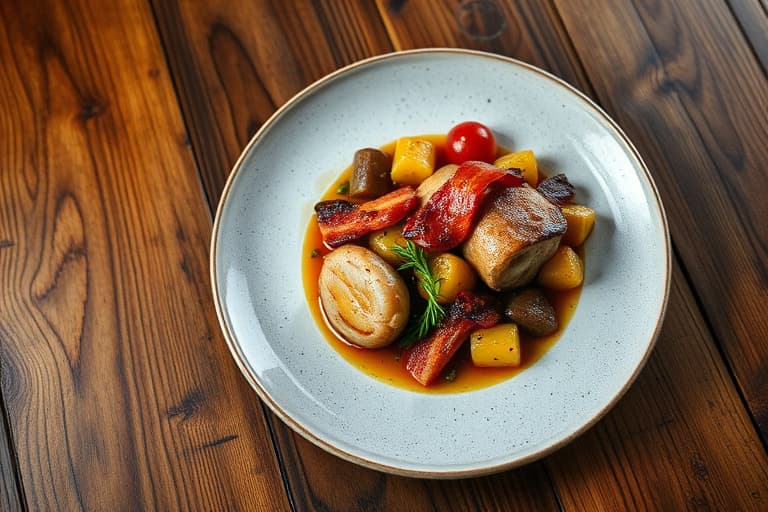 Stekt kylling med overkokt kål, bacon og poteter