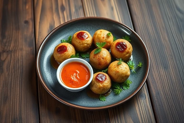 Sesamrisboller med rød peppersaus til dipp