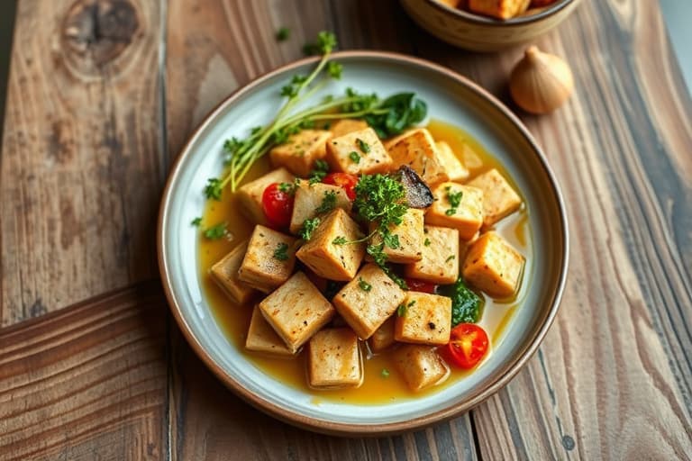 Tofu-trekantene i kremet nøttesaus med vårløk