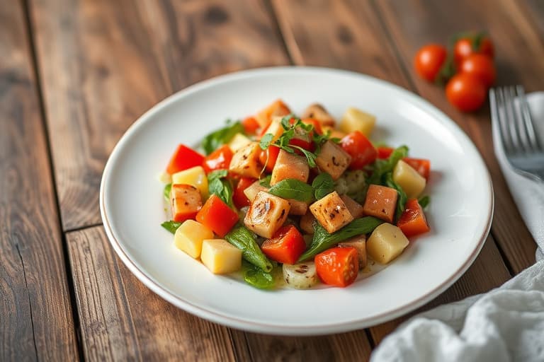 Varm potetsalat med selleri, tomater og gressløk