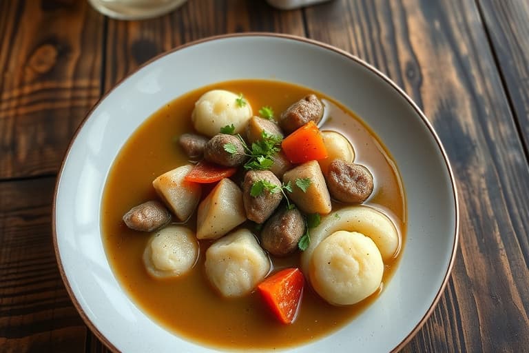 Suppe med blandede grønnsaker og pølse, servert med maisdumplings