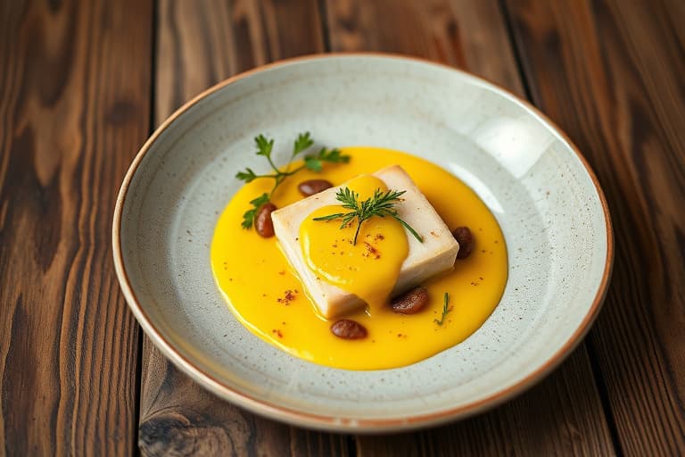 Porsjon av svin med pistachjefrø, plommesaus og stekte purre