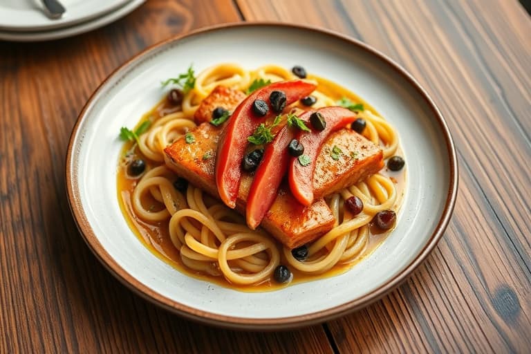 Rullet svinefilet med fyll av oliven og urter