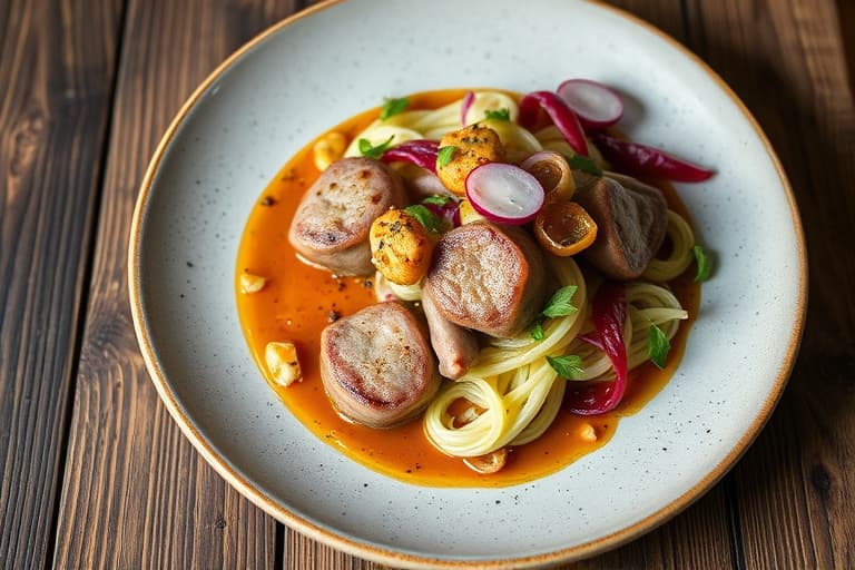 Stekte søtpoteter med pølse og radicchio