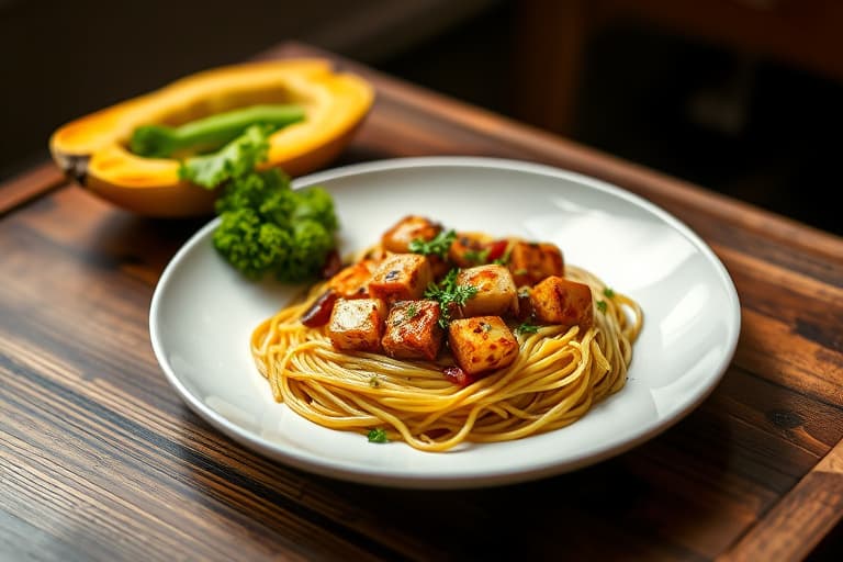 Maple-glassert tofu med spaghetti squash