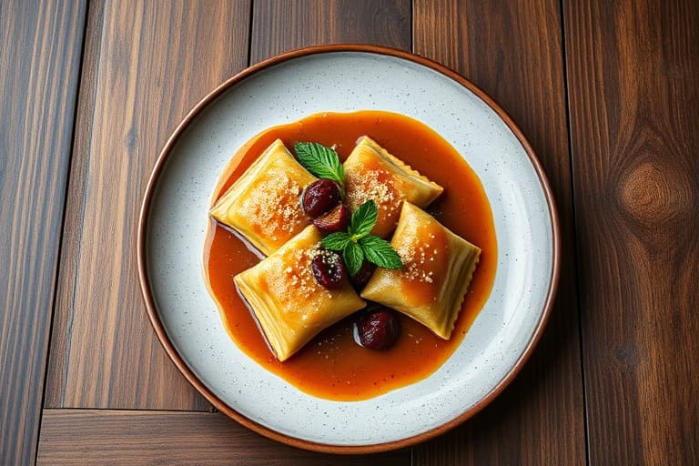 Fried Plum Ravioli med myntesaus