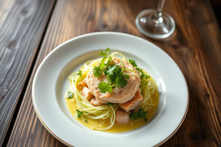 Lakse- og kamsjellterrine med frisée-salat