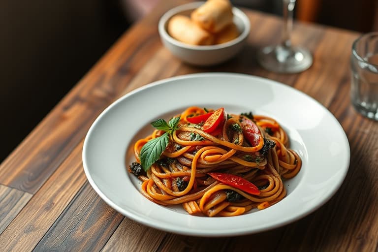 Svart linguine med oransje og røde paprika
