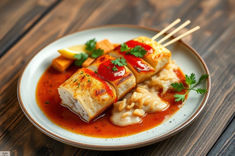 Tunfisk- og potetskebab med baskisk tomatsaus