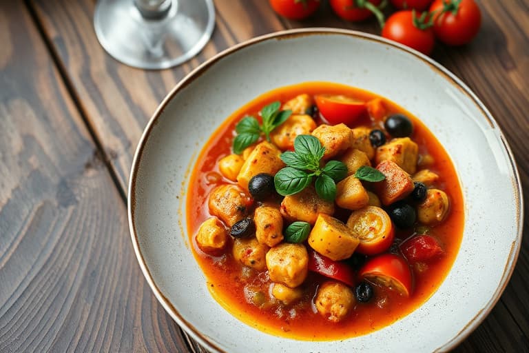 Kylling- og squashcacciatore, sopp, tomater, oliven, brød