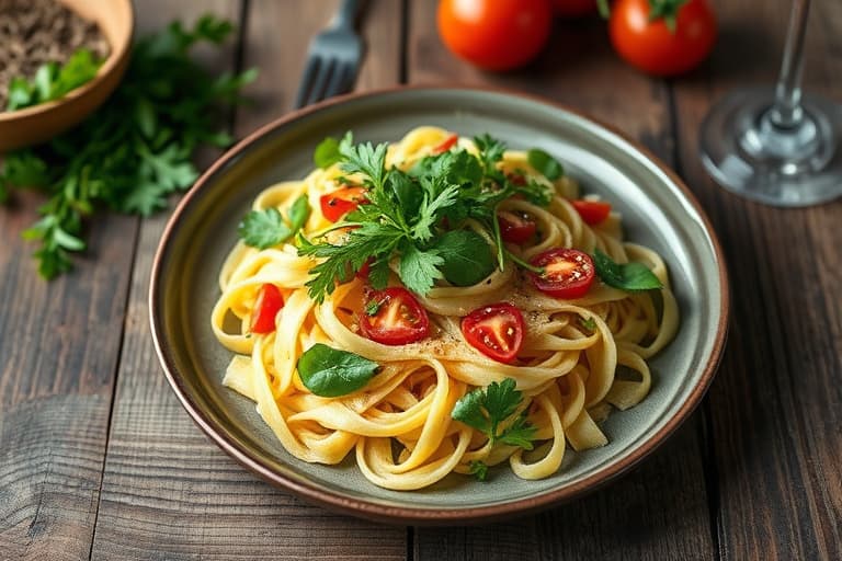 Farfalle med visnet frisée og sprengte tomater