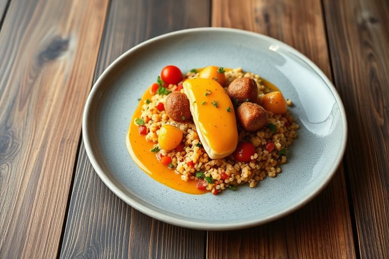 Grillet oksefilet med ovnsbakt hvitløkssaus og quinoa med purre og tomat