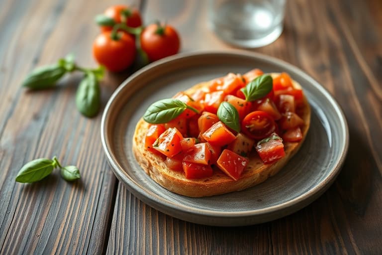 Tomat, rødløk og basilikum bruschetta