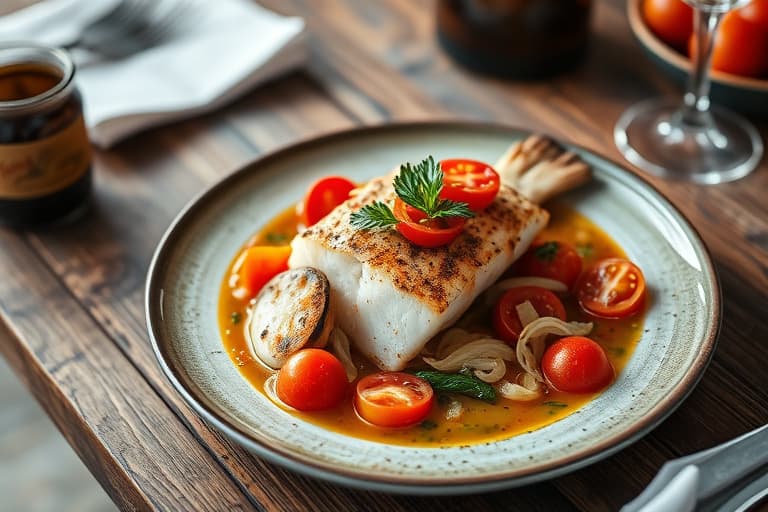 Fisk med karri-agurk-tomat-vann og tomat-urte-salat