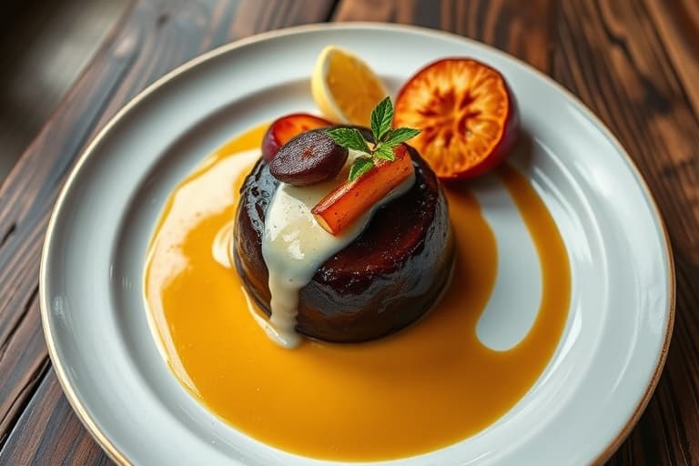 Sjokolade- og plummemarsek med Armagnac-krème anglaise