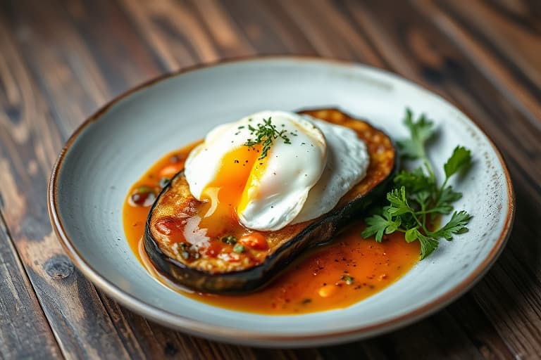 Grillet aubergine med fersk sterk saus og sprø egg