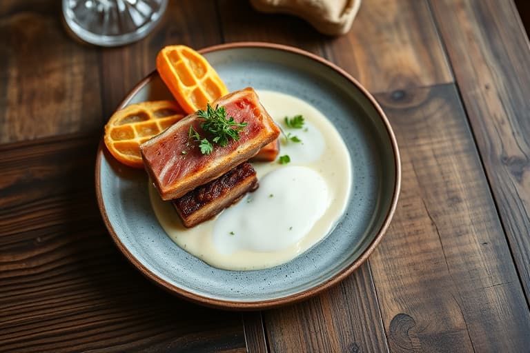 Røstet fjærkre, villsvinbacon og farro med sopp, samt pannebrent fennikel og gulrøtter