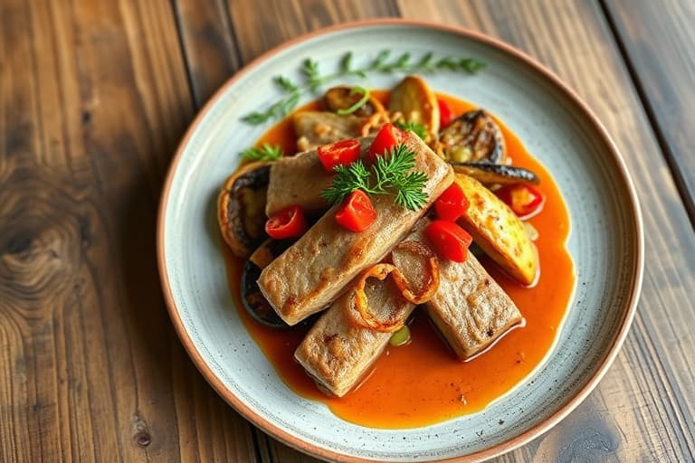 Kalvesteiker med aubergine- og paprikafyll og ovnsbakt rød peppersaus