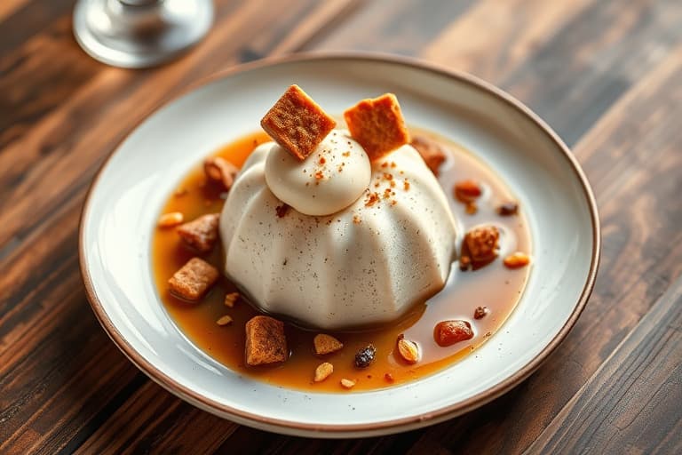 Hvit sjokolade- og myntpudding med pepperkakebrittle