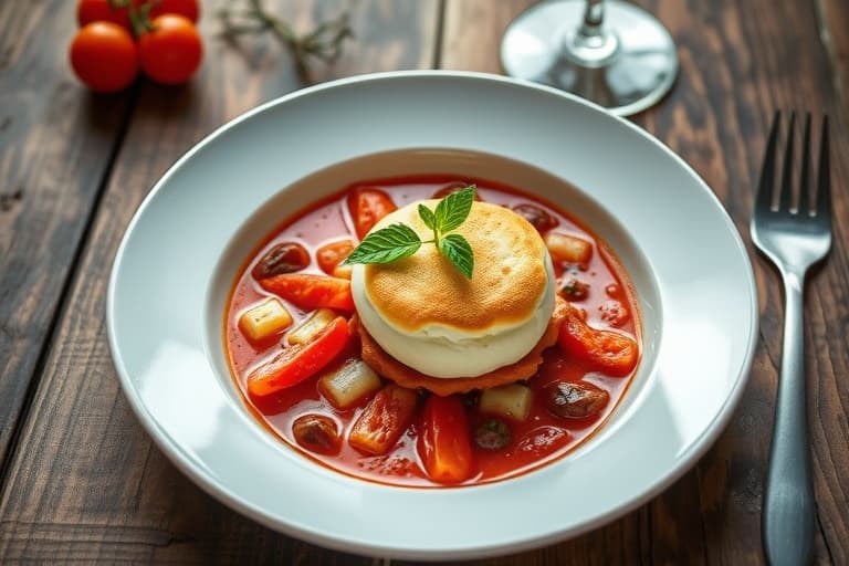 Tomat- og mozzarella-brødsuppe i skål med soufflé