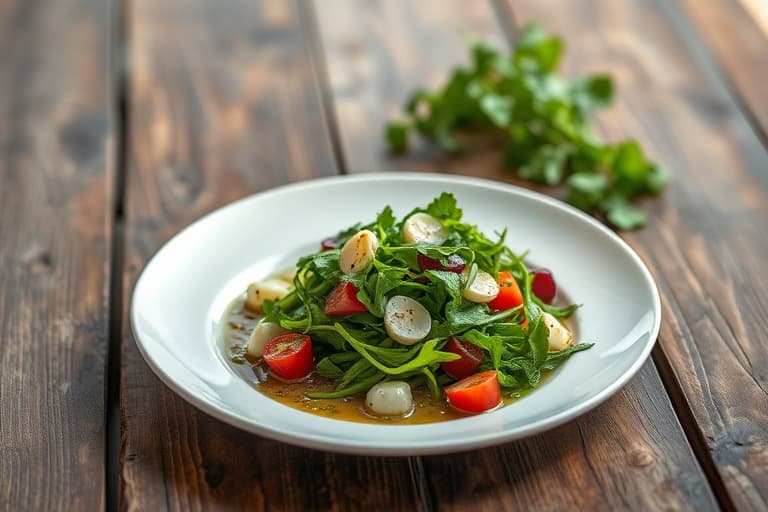 Arugolasalat med fersken og en kremet gressløkvinaigrette