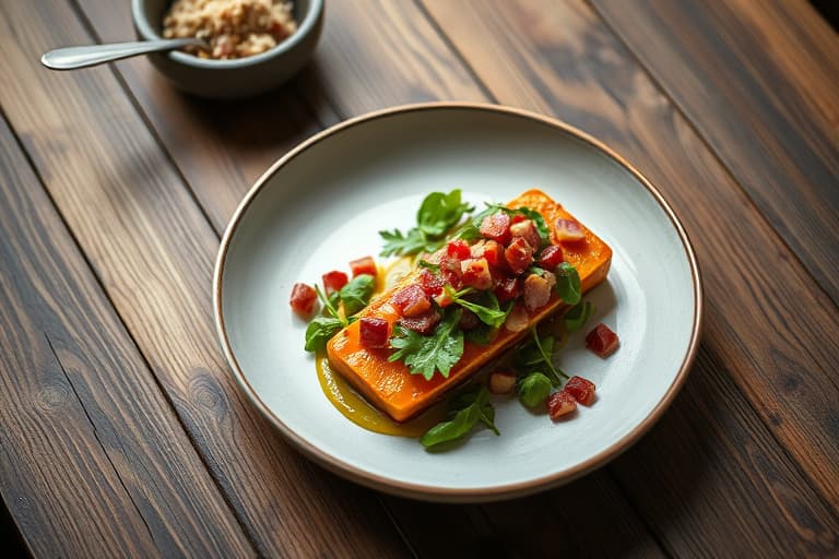 Ristet butternut squash i skiver med ruccola, pancetta og hasselnøttsalat