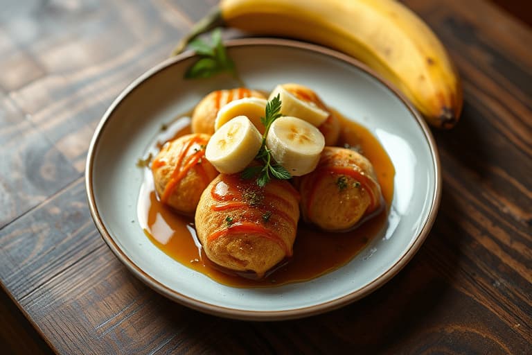 Peanøttsmørbeignets med karamelliserte bananer og bitter karamelliskrem