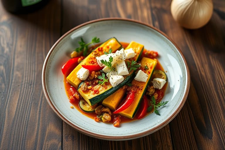 Zucchini fylt med fetaost og ovnsbakte røde paprika