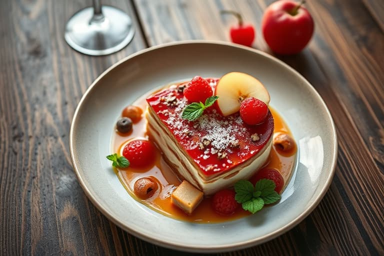 Juletorte med tranebær, pære og valnøtt, servert med kremost- og appelsinglasur