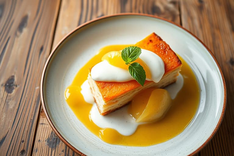 Kefirkake med sitron- og timian-glassert pærekompote og gresk yoghurtis