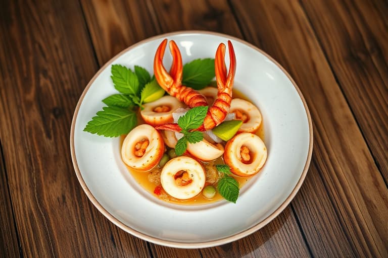 Sørøstasiatiske riskornnudler med calamari og urter