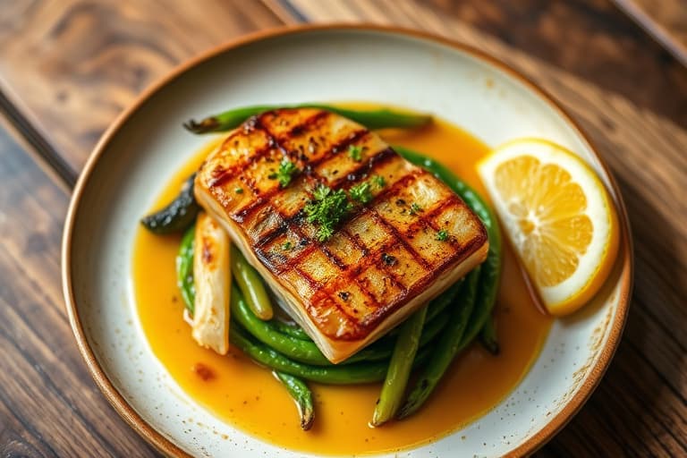 Grillede grønne bønner og fersken