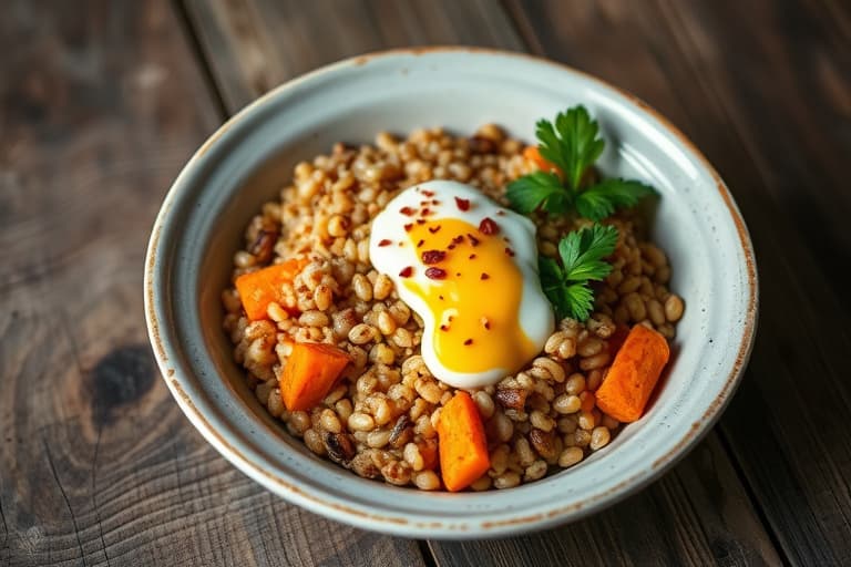 Grain Bowl med krydret gresskar, sopp og curry-yogurt