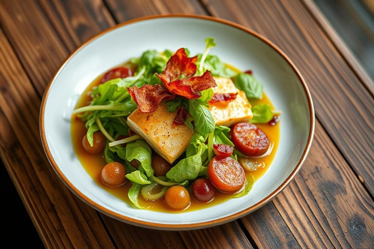 Kylling stekt med sennep, servert med varm frisée-salat, småpoteter og bacon