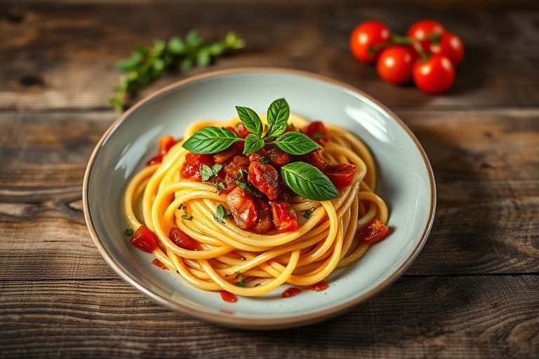 Linguine med pancetta og sautert cherrytomater
