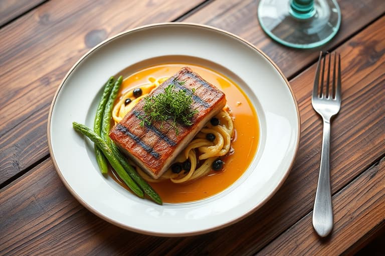 Svinefilet med sautert løk og fennikel, servert med fennikelsaus