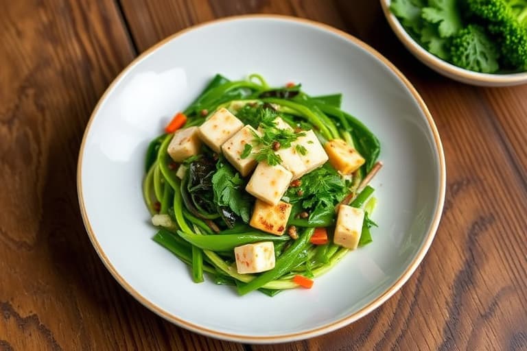 Stekt pak choi og mizuna med tofu
