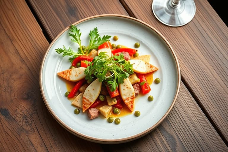 Geitost- og rødpaprikaplakater med filodeig, servert med oliven- og frisée-salat