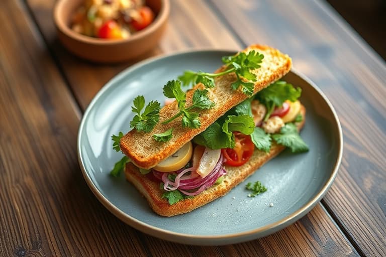 Kyllingsalat-sandwich med syltegrønnsaker